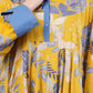 Yellow Floral Cotton Dress– Bright Blooms with Blue Collar & Hem
