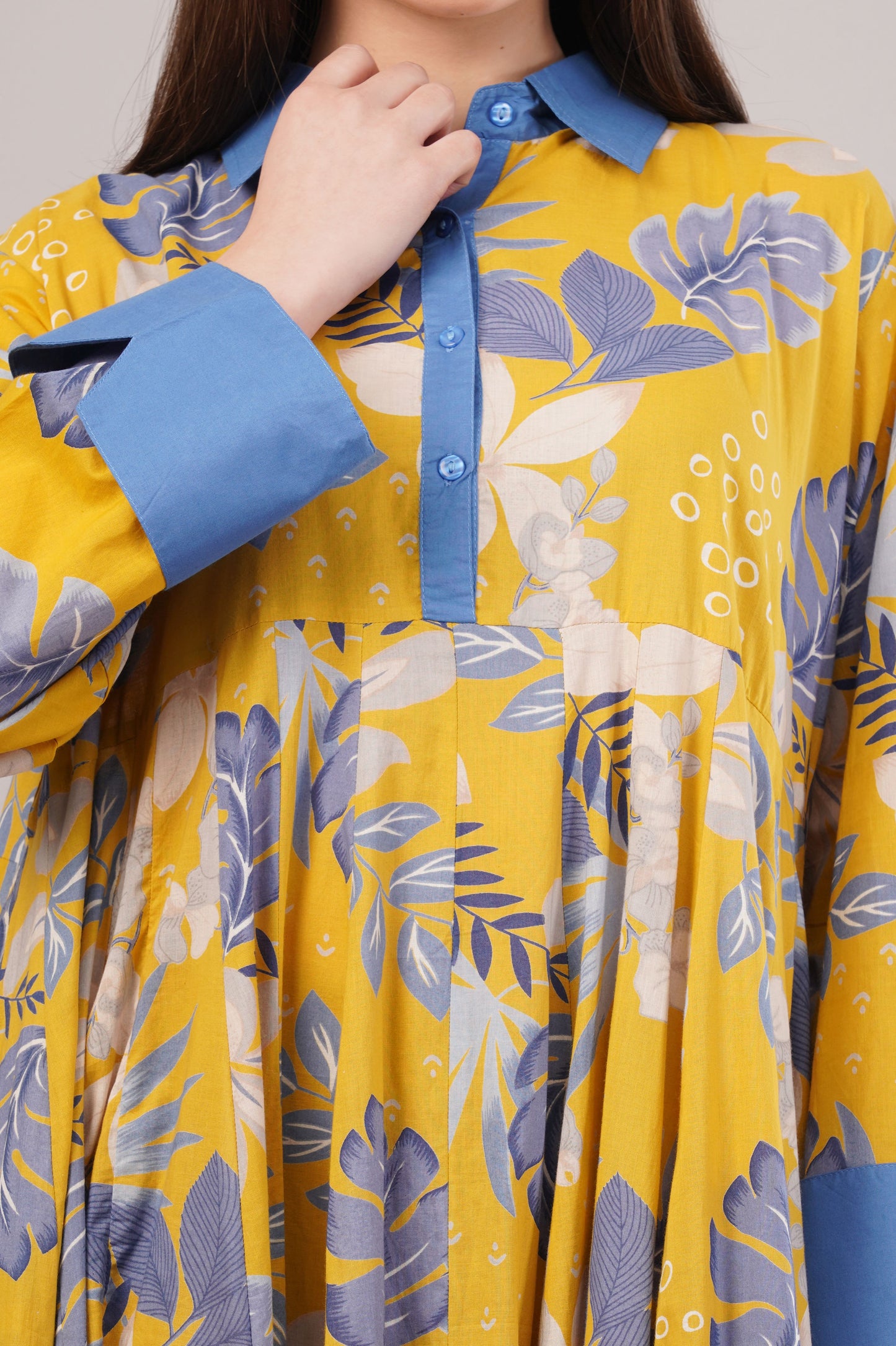 Yellow Floral Cotton Dress– Bright Blooms with Blue Collar & Hem
