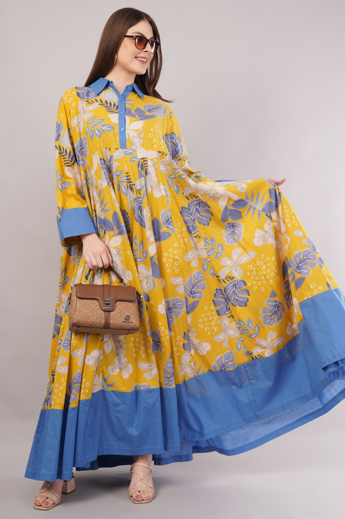 Yellow Floral Cotton Dress– Bright Blooms with Blue Collar & Hem