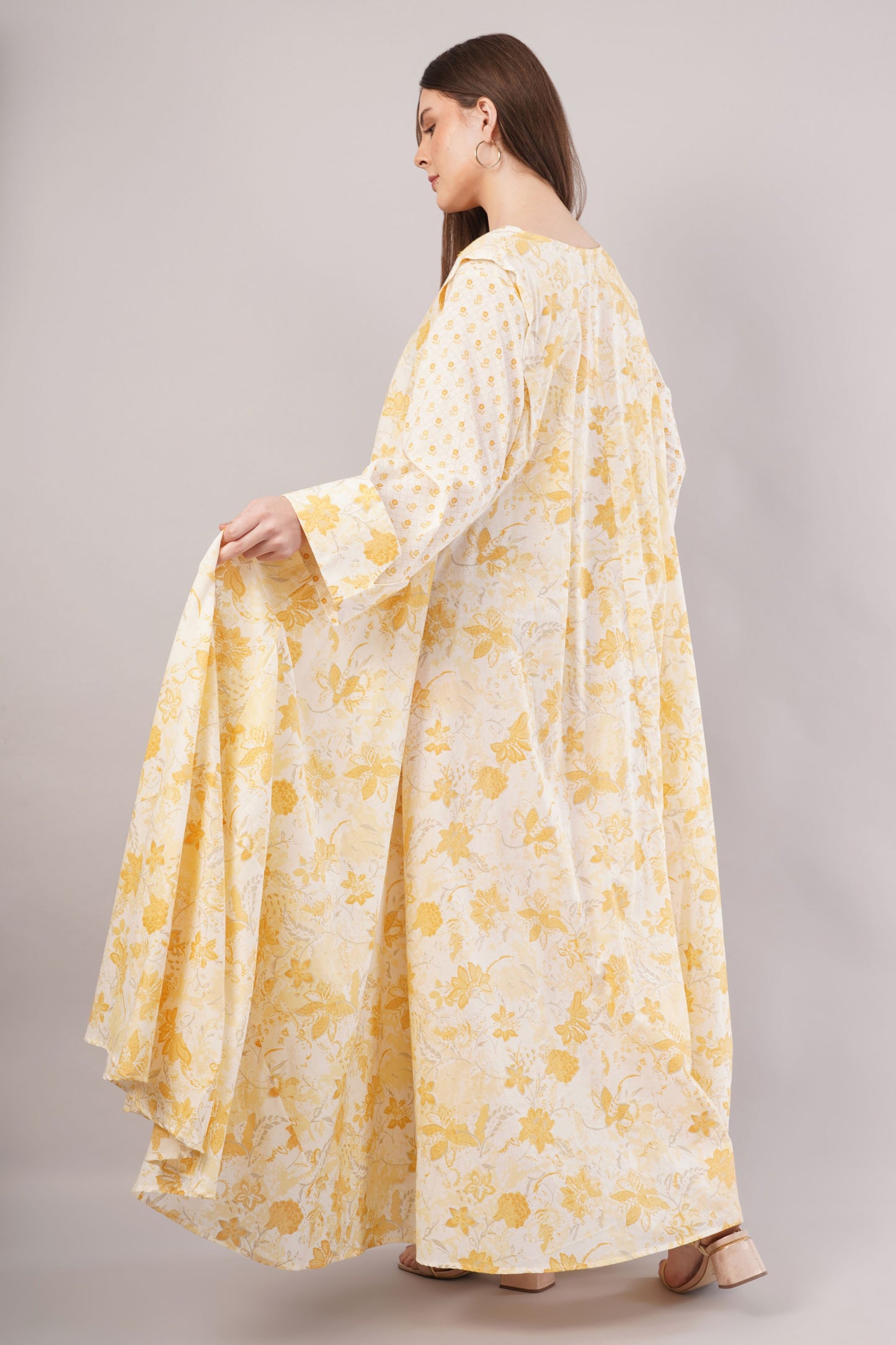 White Cotton Dress with Yellow Florals – Soft Elegance with Buttoned V-Neck