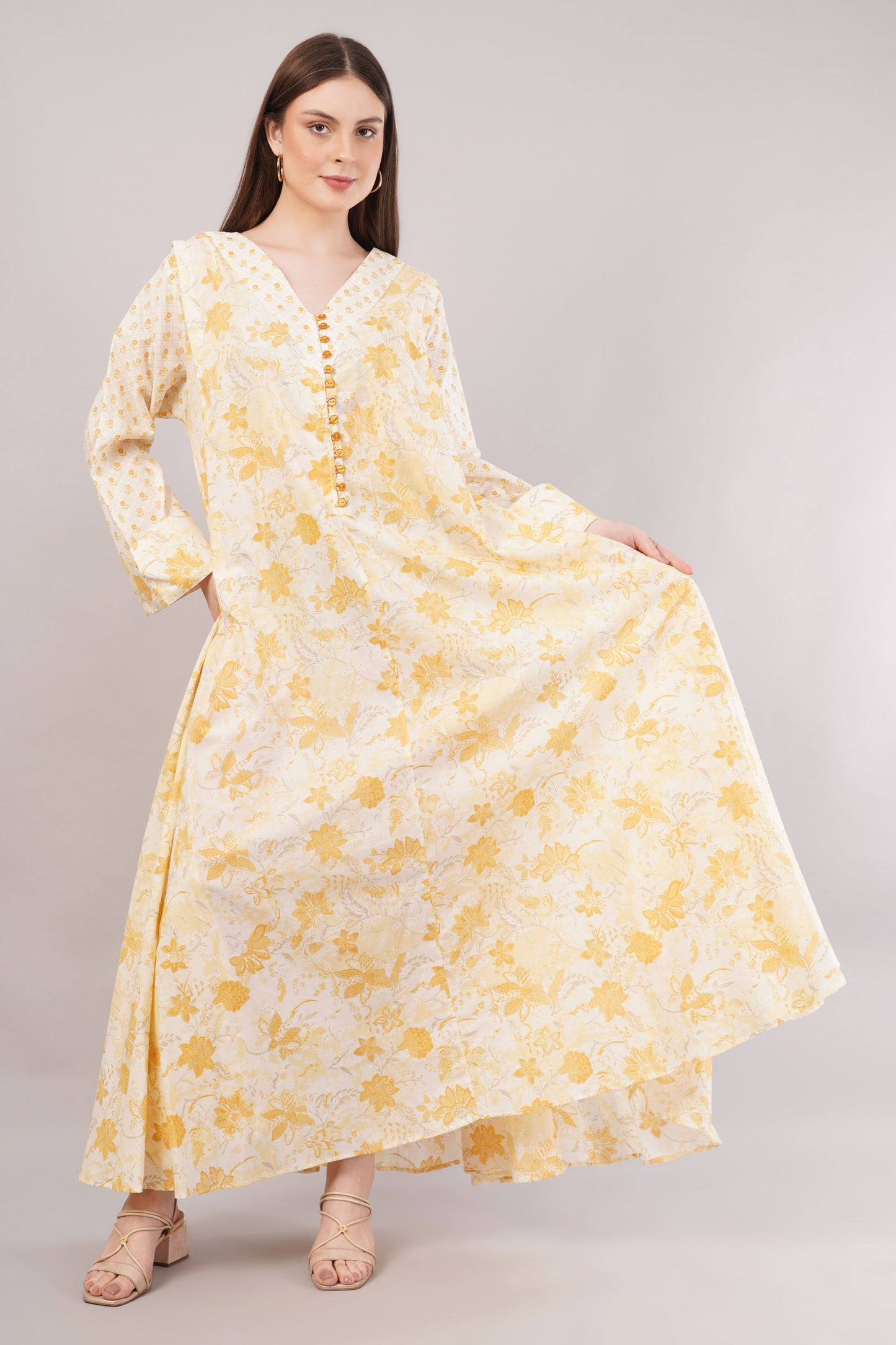 White Cotton Dress with Yellow Florals – Soft Elegance with Buttoned V-Neck