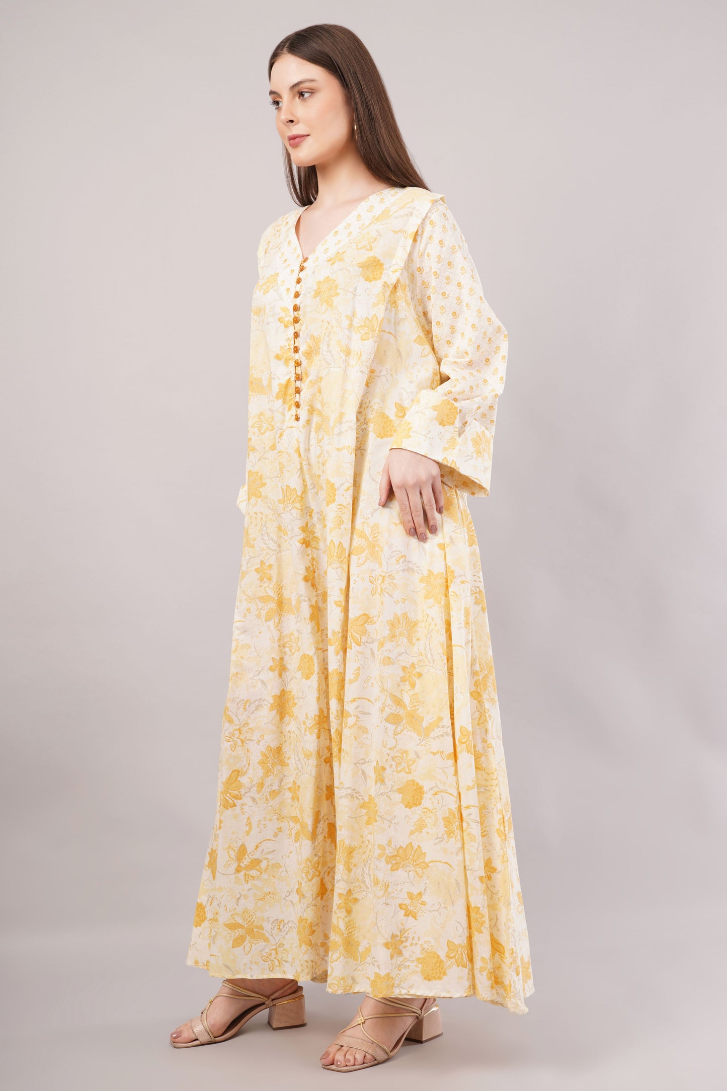 White Cotton Dress with Yellow Florals – Soft Elegance with Buttoned V-Neck