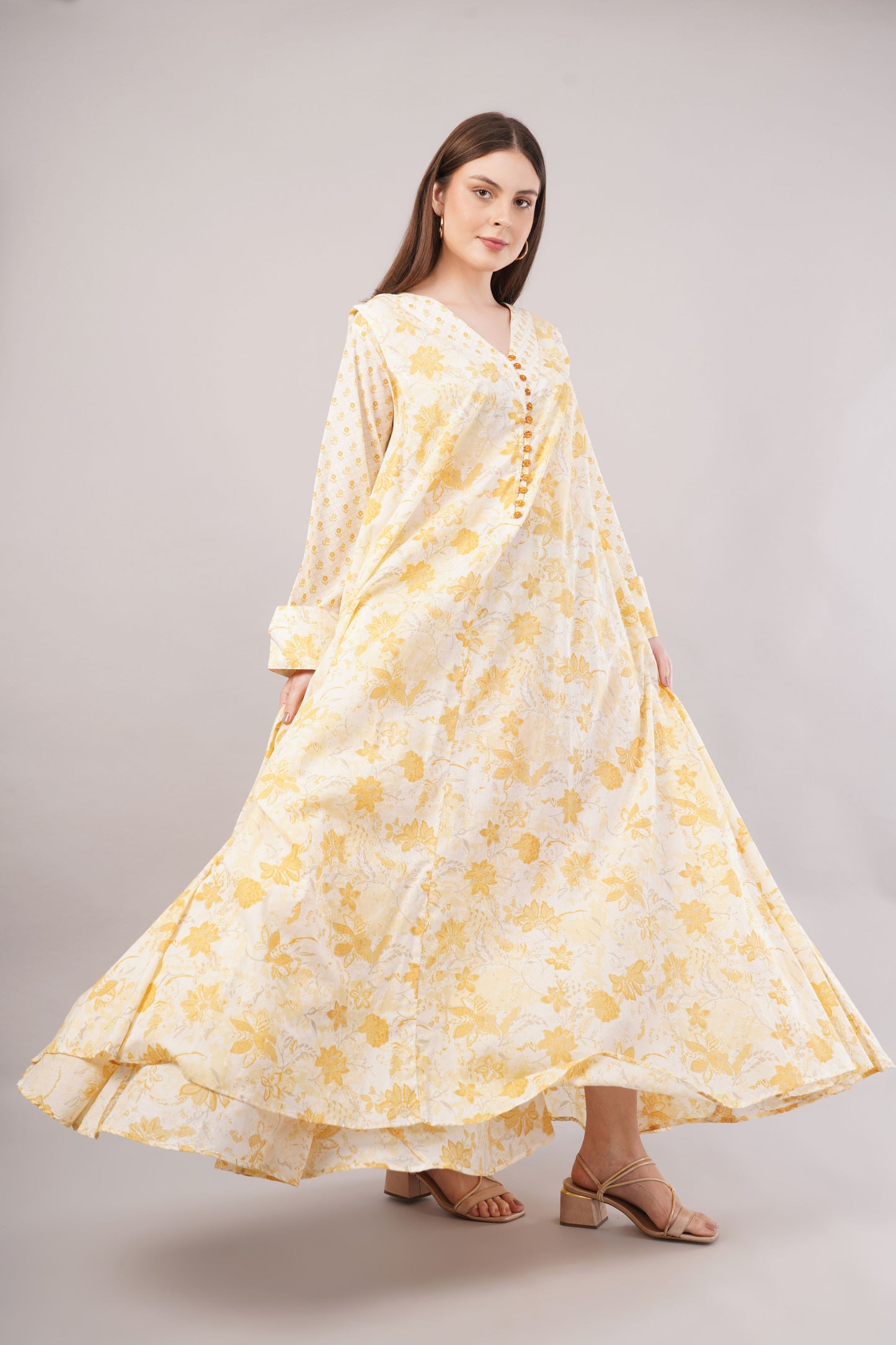 White Cotton Dress with Yellow Florals – Soft Elegance with Buttoned V-Neck
