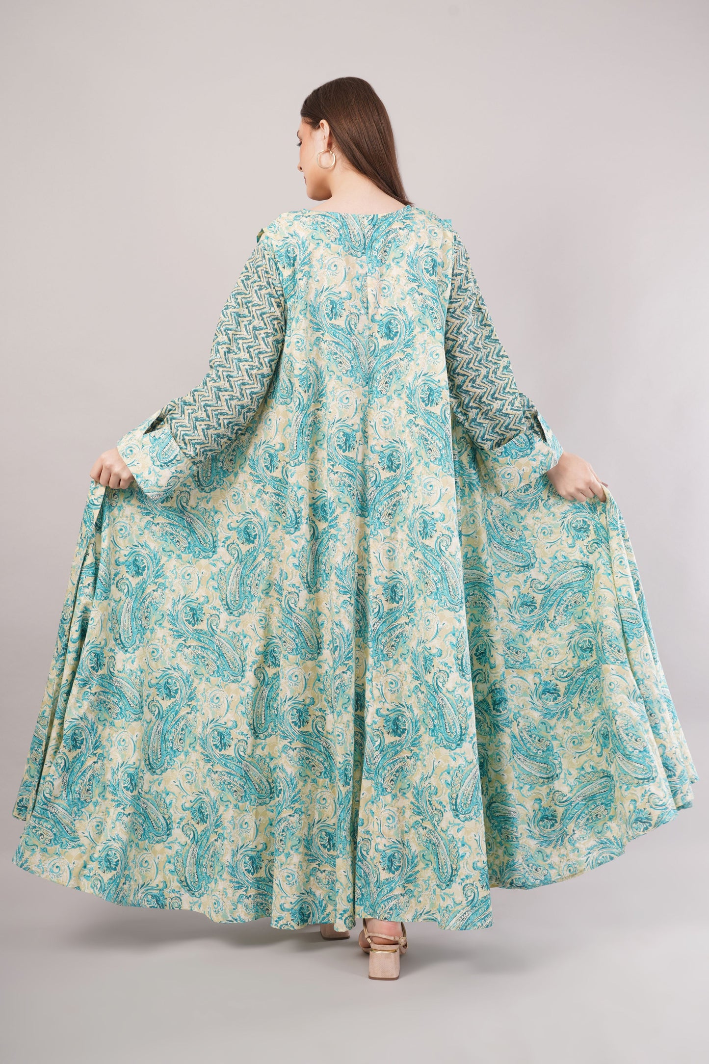 Turquoise Paisley Cotton Dress – Ethnic Chic with Zigzag Sleeve Detail