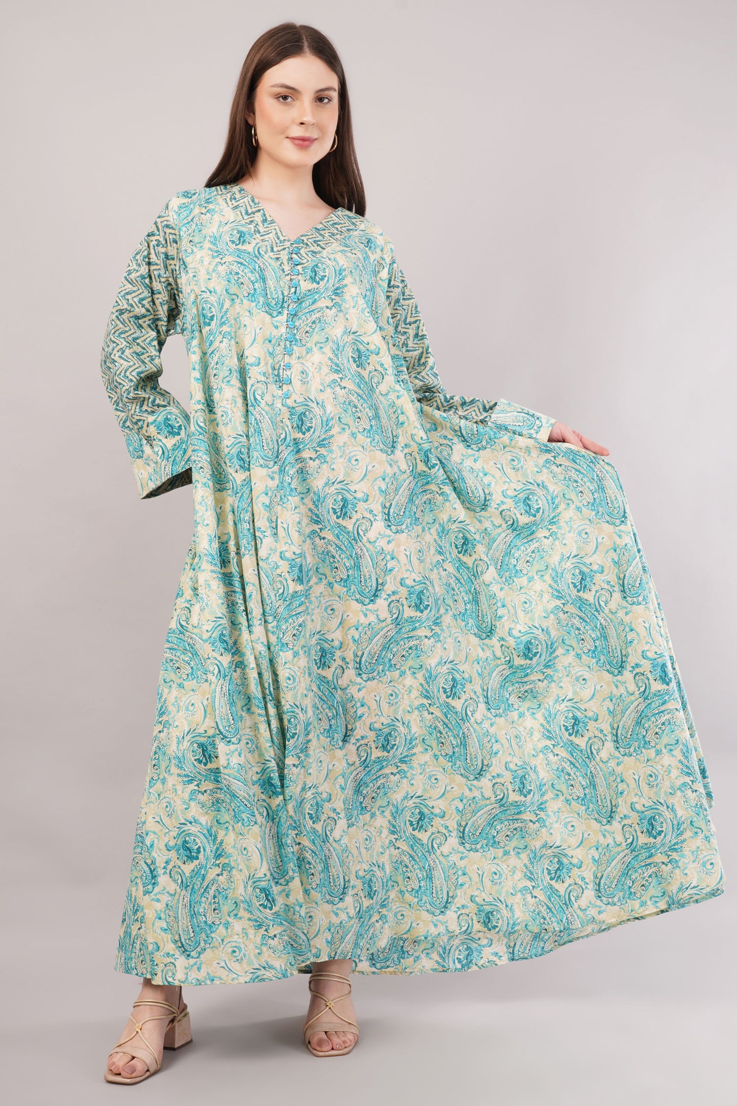 Turquoise Paisley Cotton Dress – Ethnic Chic with Zigzag Sleeve Detail