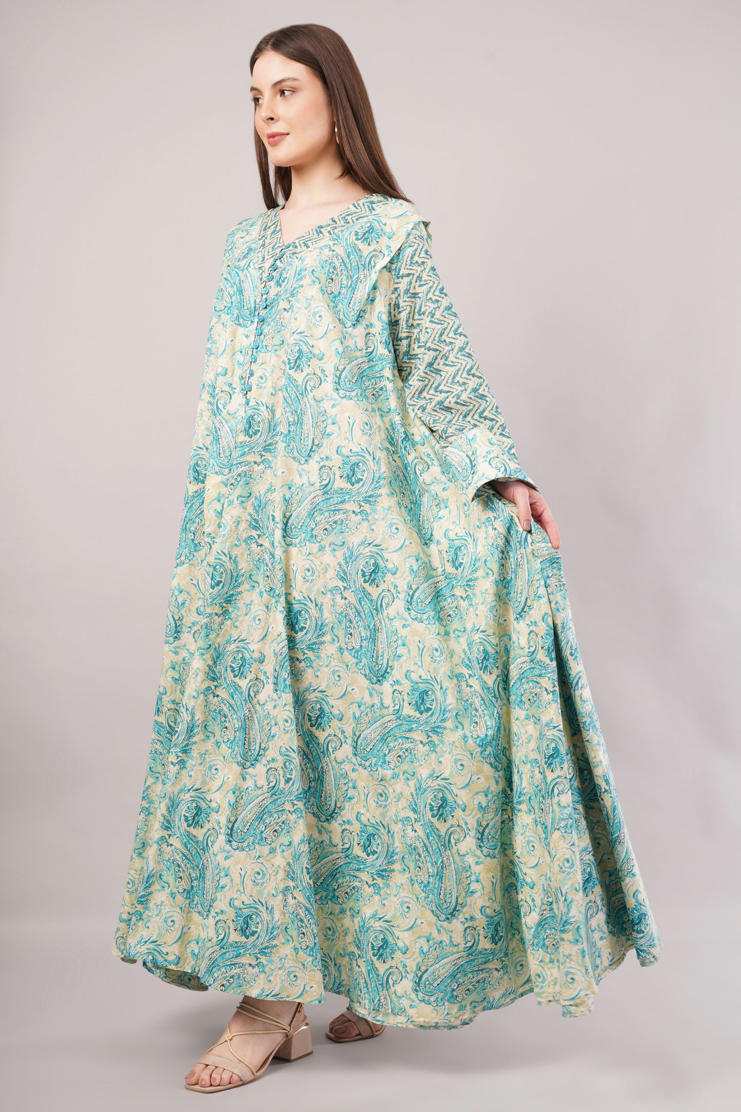 Turquoise Paisley Cotton Dress – Ethnic Chic with Zigzag Sleeve Detail