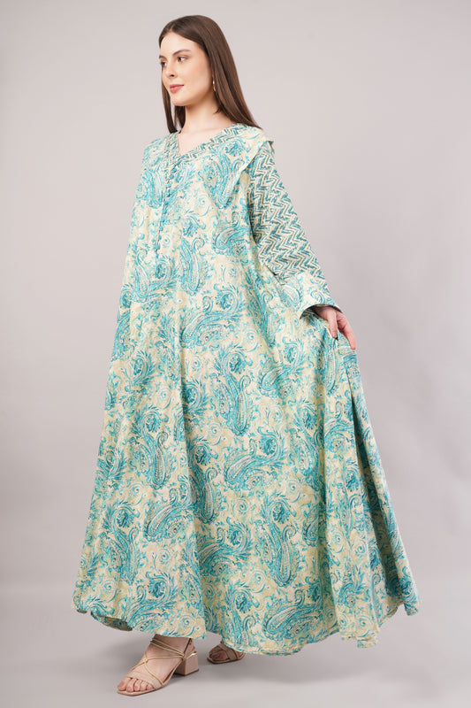 Turquoise Paisley Cotton Dress – Ethnic Chic with Zigzag Sleeve Detail