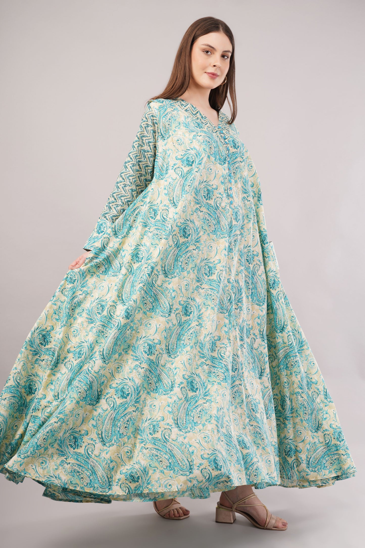 Turquoise Paisley Cotton Dress – Ethnic Chic with Zigzag Sleeve Detail