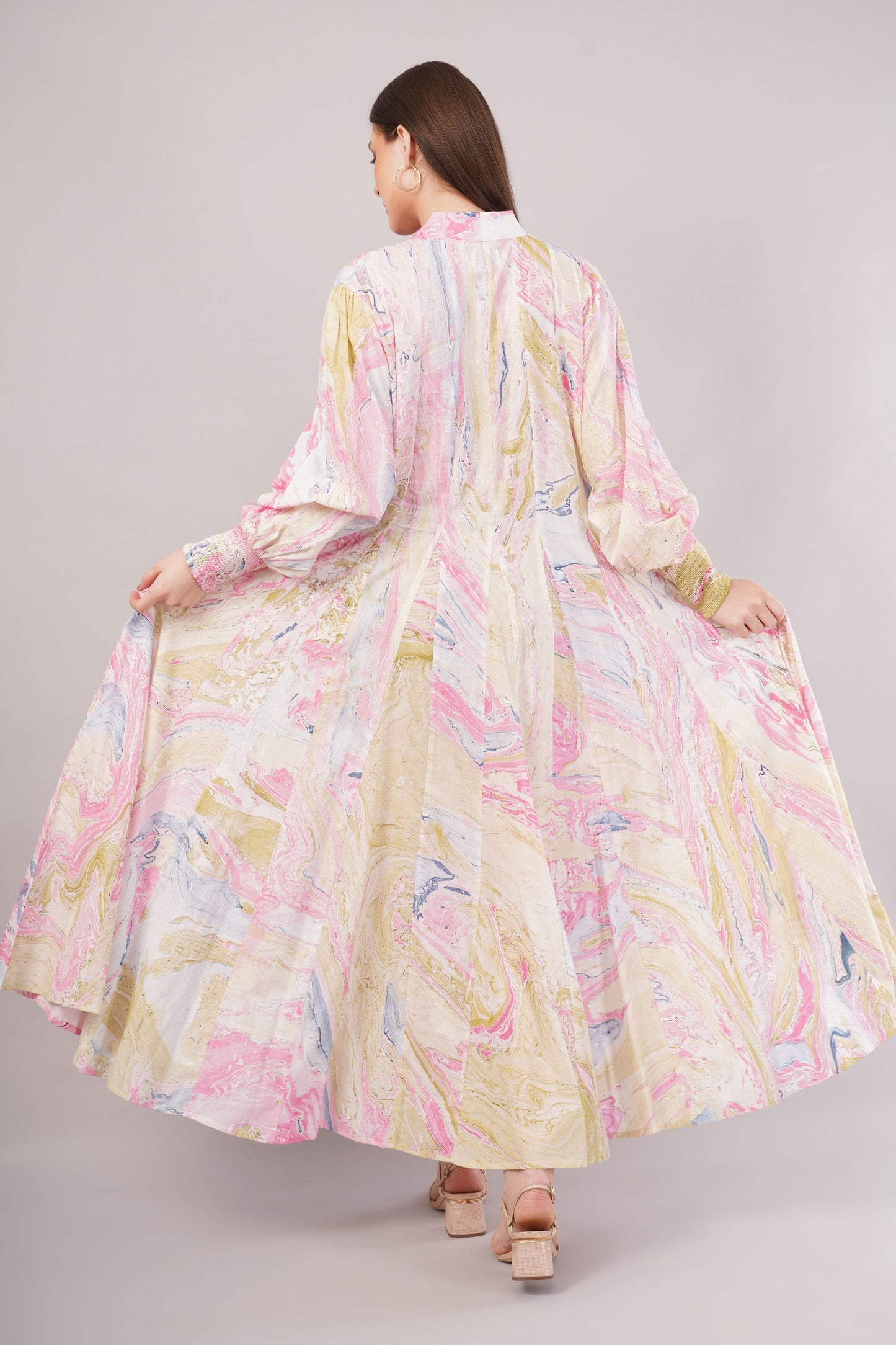 Pastel Marbled Cotton Dress– Swirling Elegance in Pink, Blue & Yellow