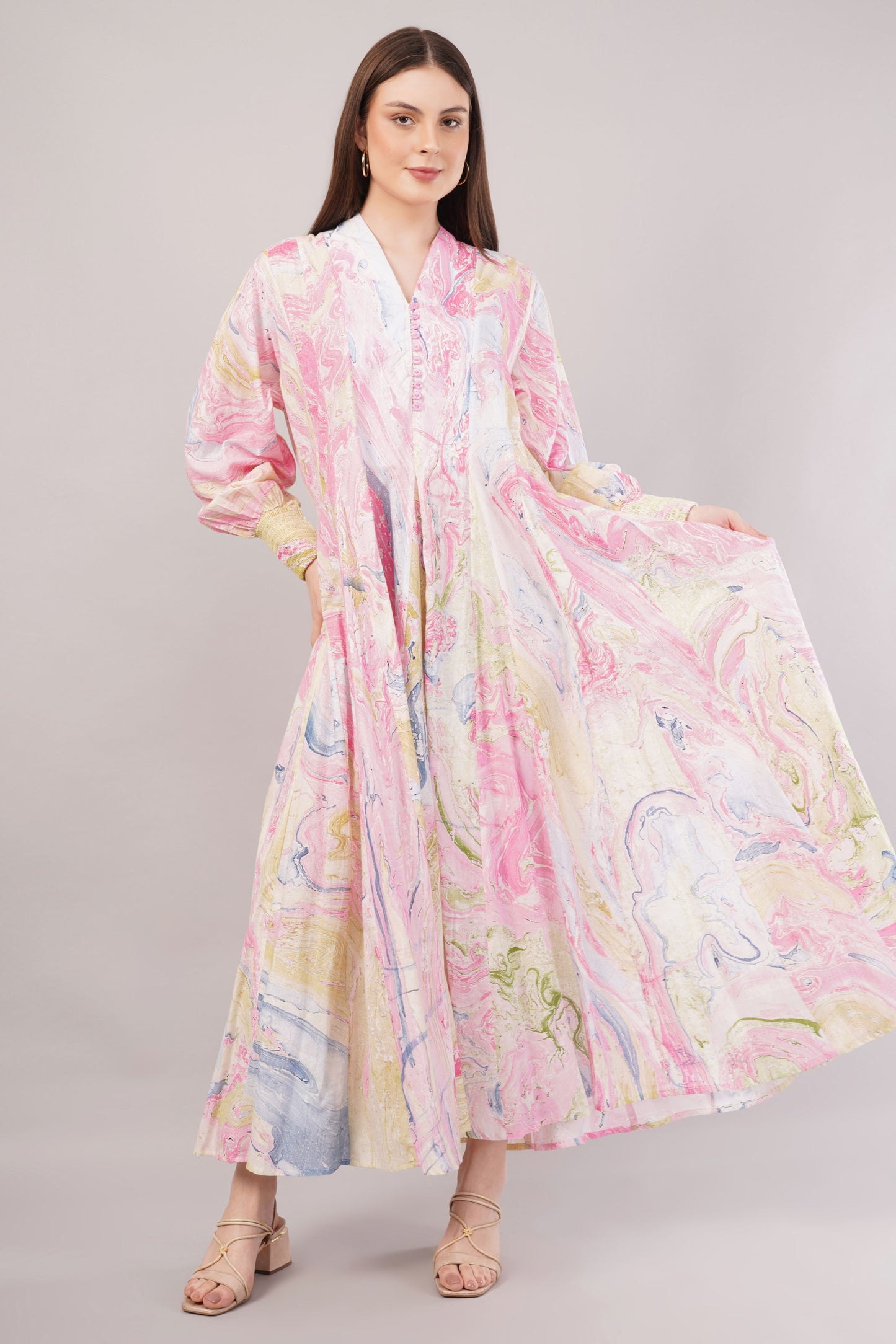 Pastel Marbled Cotton Dress– Swirling Elegance in Pink, Blue & Yellow
