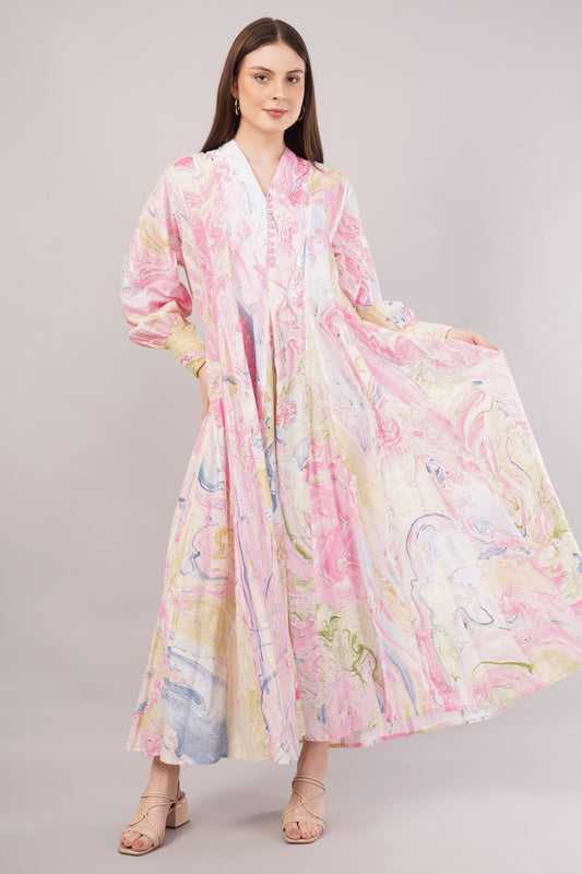 Pastel Marbled Cotton Kaftan – Swirling Elegance in Pink, Blue & Yellow