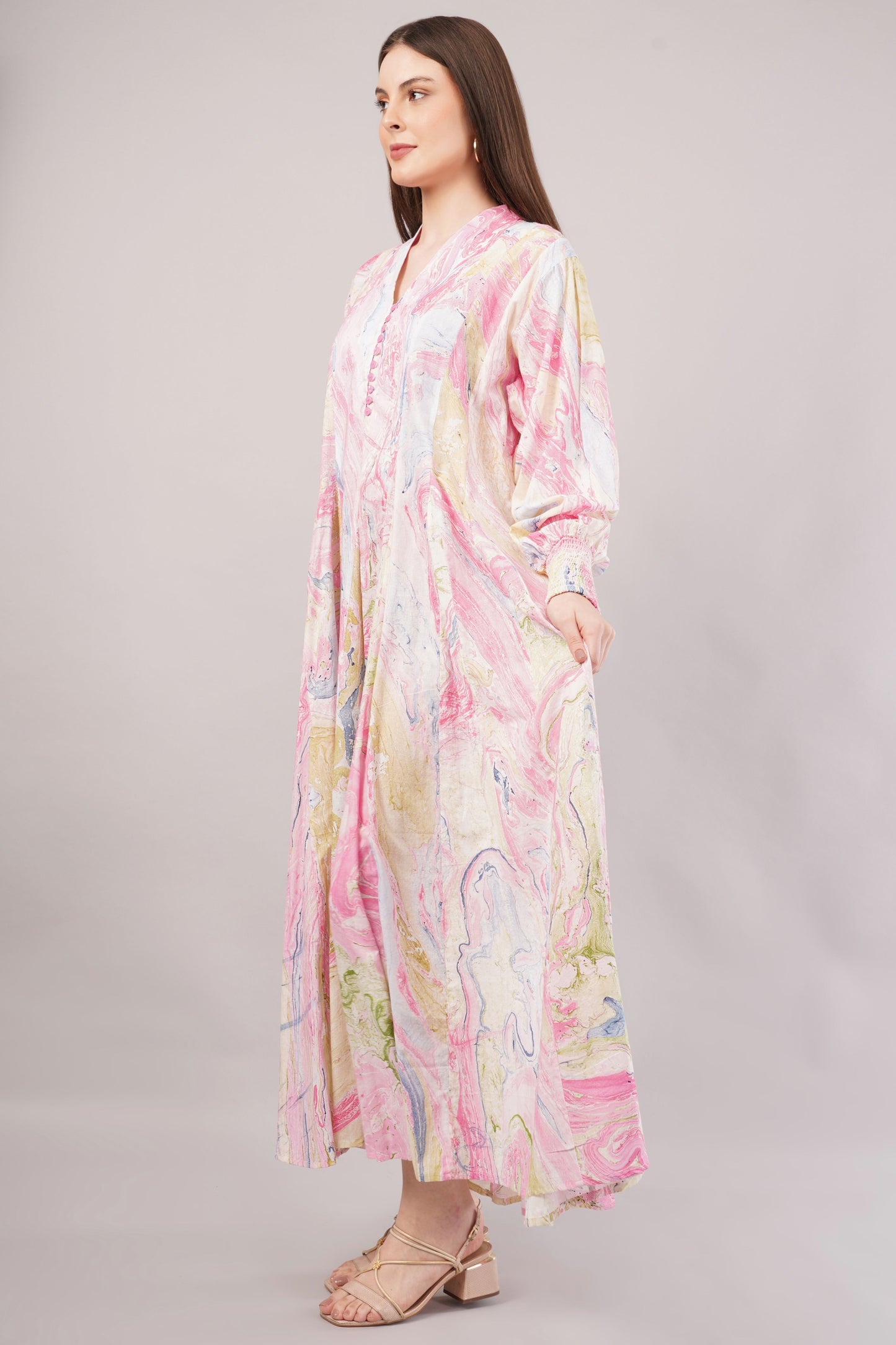 Pastel Marbled Cotton Dress– Swirling Elegance in Pink, Blue & Yellow