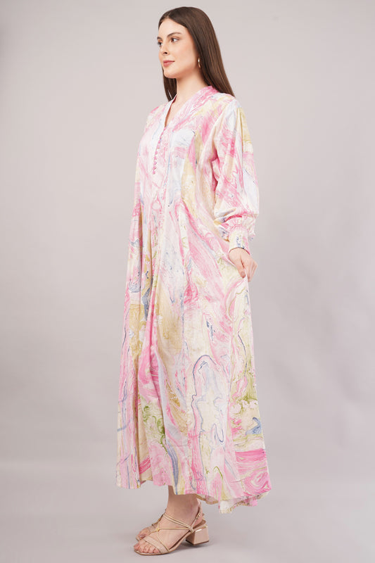 Pastel Marbled Cotton Dress– Swirling Elegance in Pink, Blue & Yellow