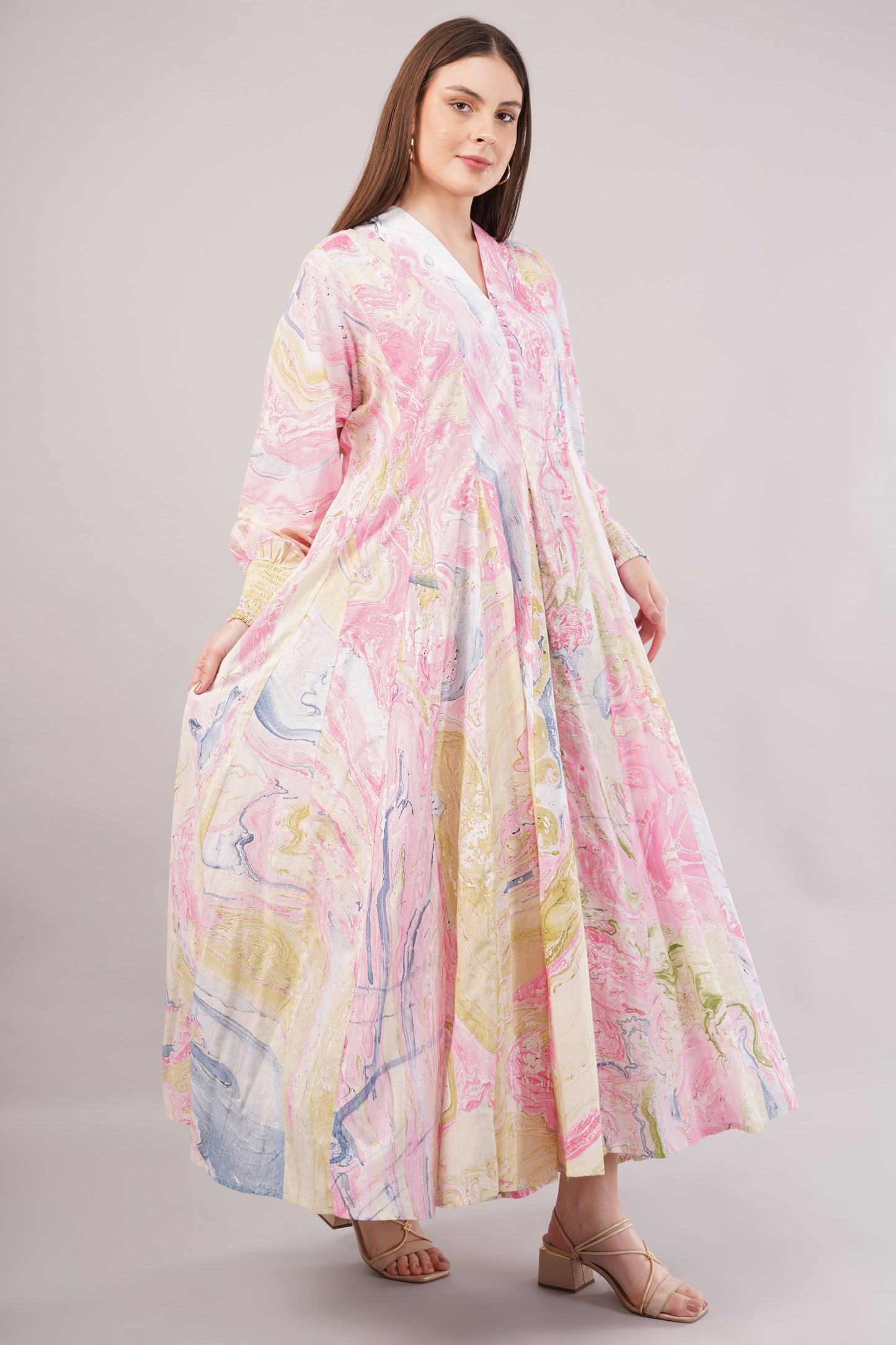 Pastel Marbled Cotton Dress– Swirling Elegance in Pink, Blue & Yellow