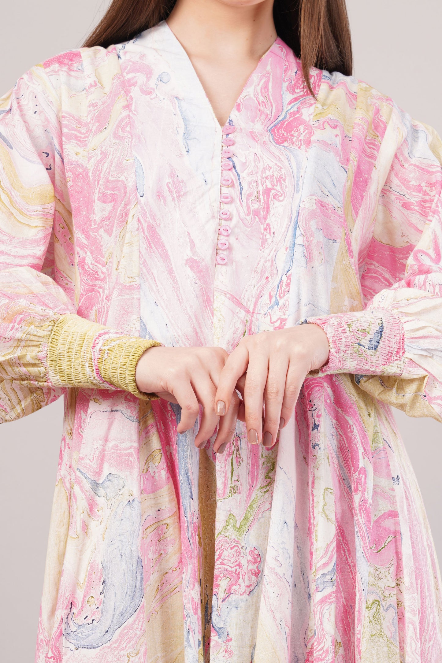 Pastel Marbled Cotton Dress– Swirling Elegance in Pink, Blue & Yellow