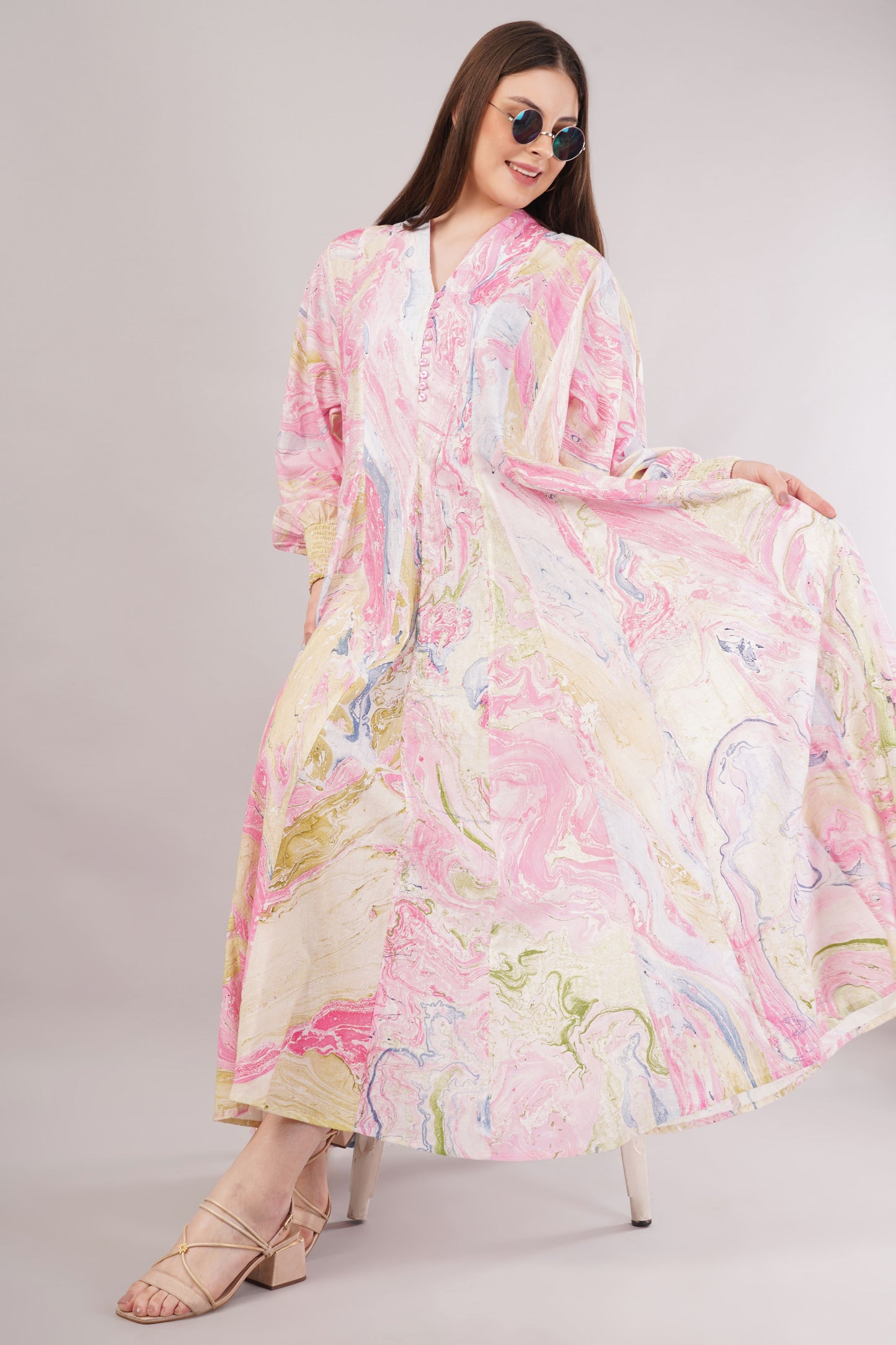 Pastel Marbled Cotton Dress– Swirling Elegance in Pink, Blue & Yellow
