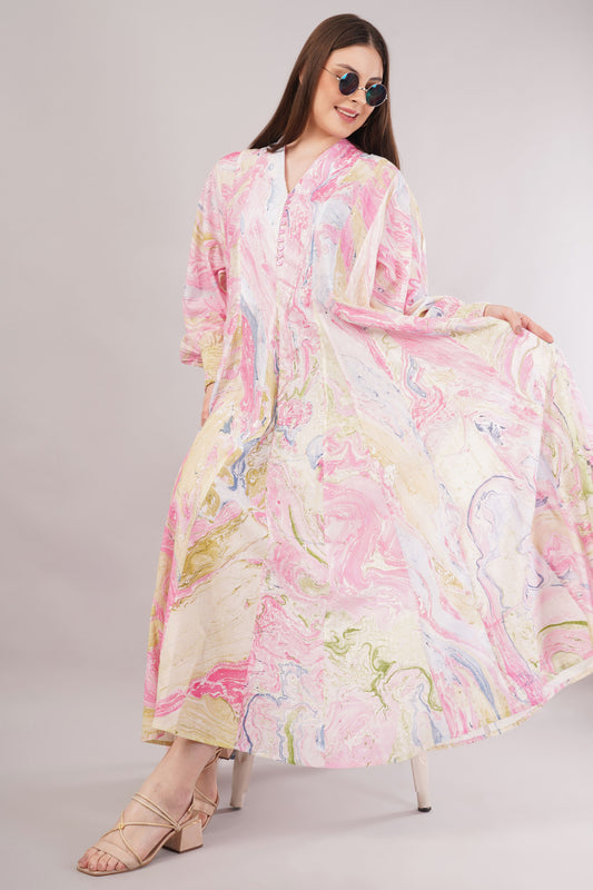 Pastel Marbled Cotton Dress– Swirling Elegance in Pink, Blue & Yellow