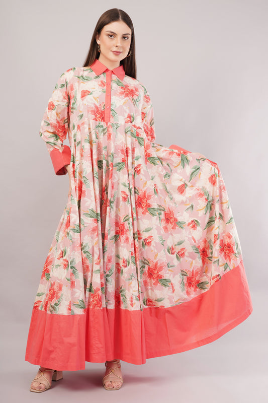 Coral Floral Cotton Kaftan – Romantic Blooms with Solid Collar & Hem