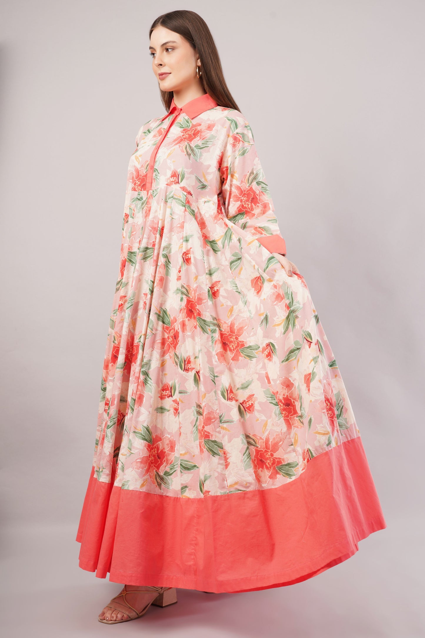 Orange Floral Cotton Dress – Romantic Blooms with Solid Collar & Hem