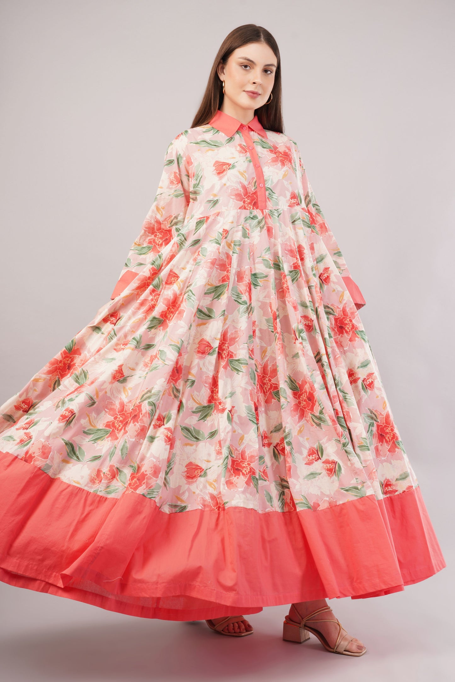 Orange Floral Cotton Dress – Romantic Blooms with Solid Collar & Hem