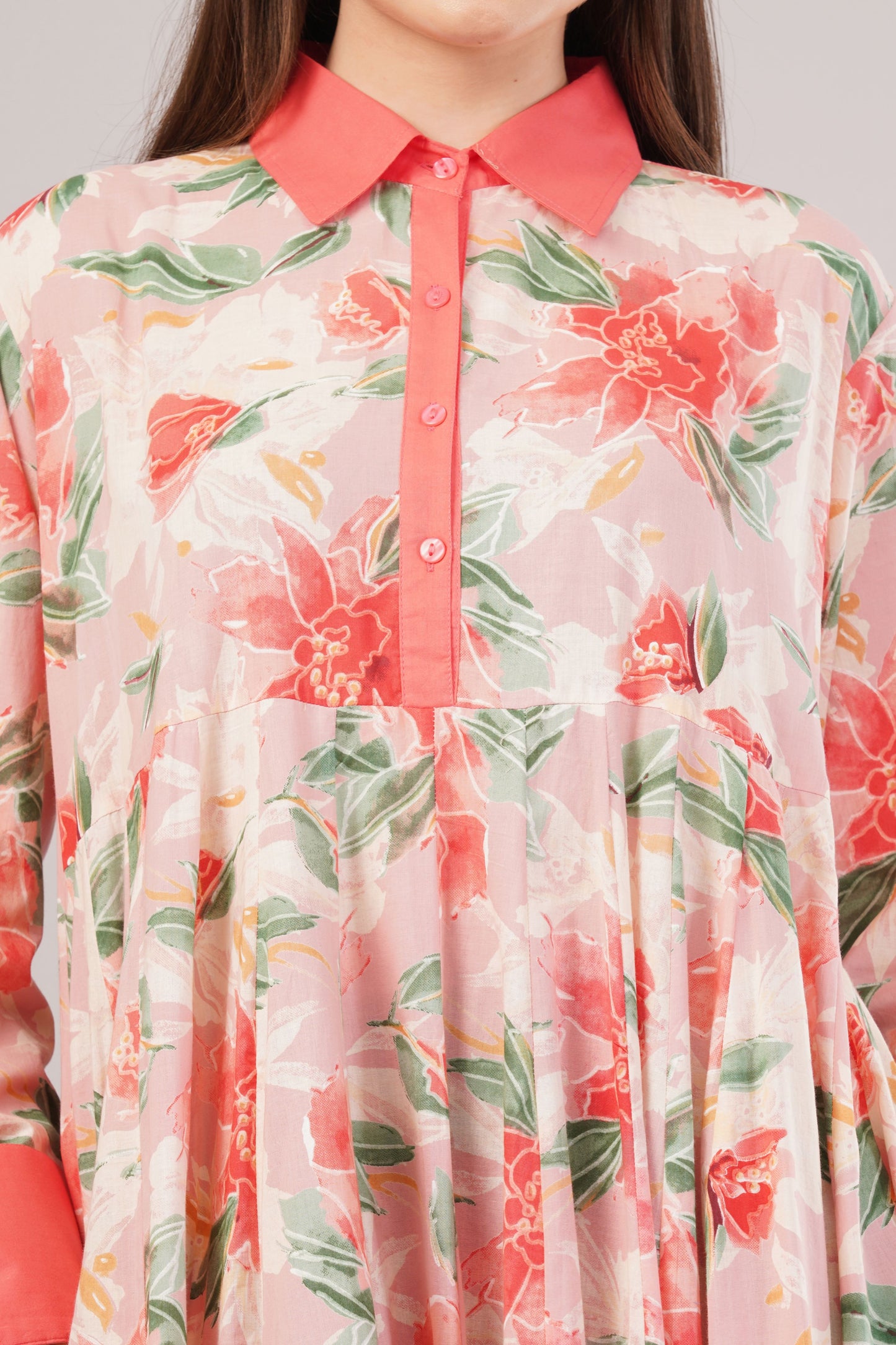 Orange Floral Cotton Dress – Romantic Blooms with Solid Collar & Hem