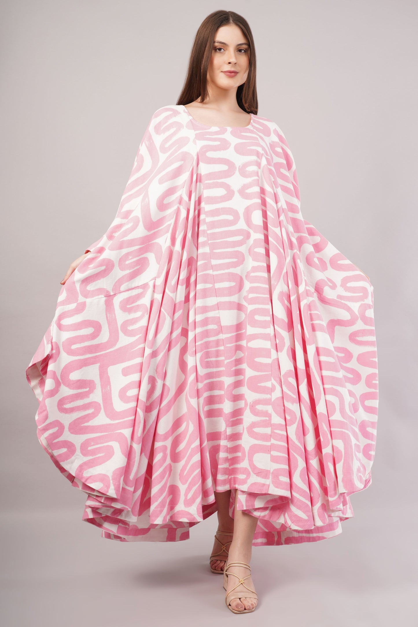 Pink Abstract Cotton Dress – Maze-Inspired Print with Dramatic Pleats