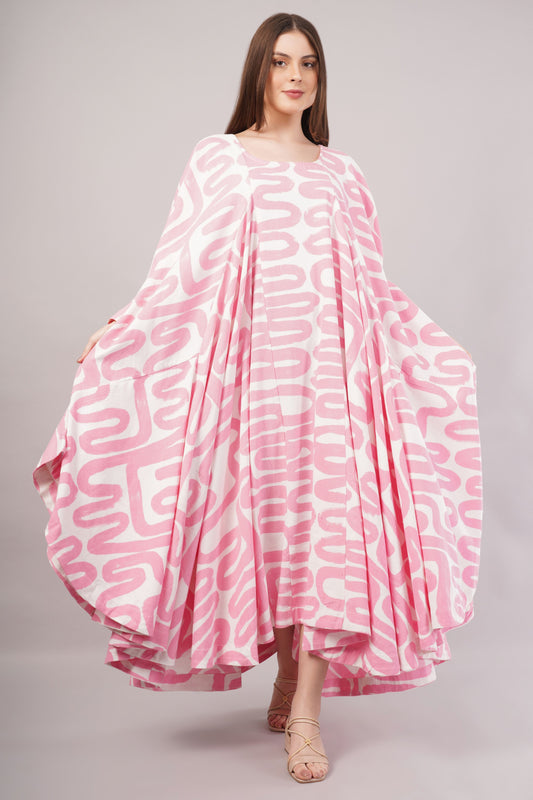 Pink Abstract Cotton Kaftan – Maze-Inspired Print with Dramatic Pleats