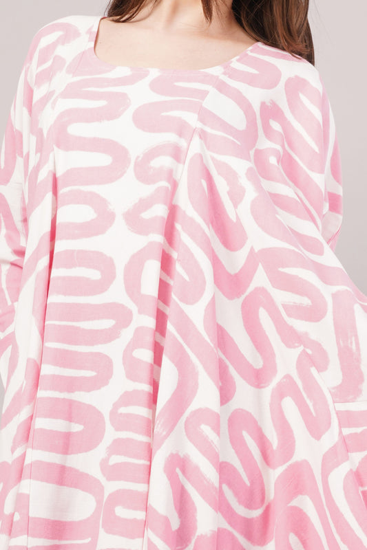 Pink Abstract Cotton Dress – Maze-Inspired Print with Dramatic Pleats