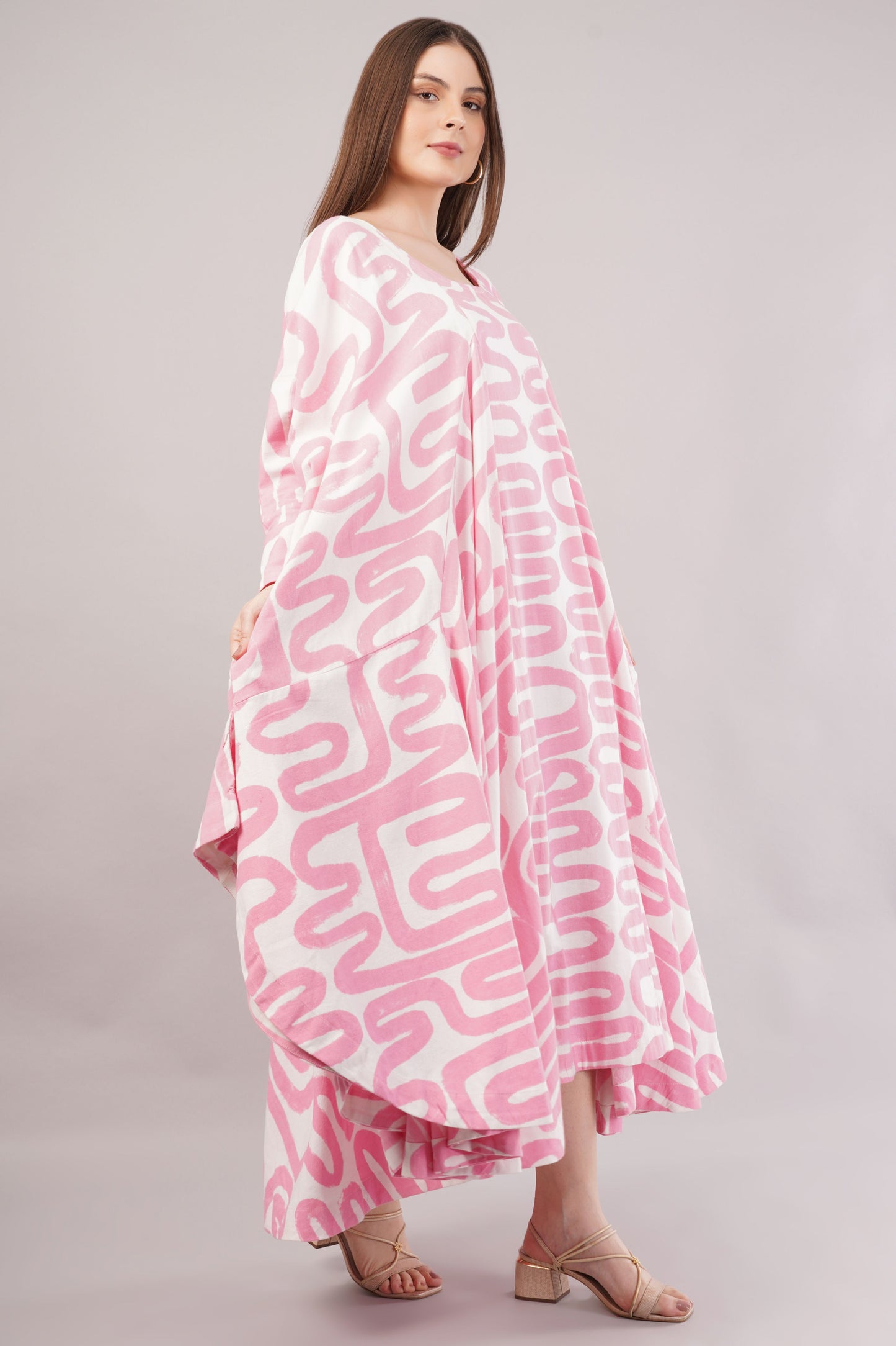 Pink Abstract Cotton Dress – Maze-Inspired Print with Dramatic Pleats