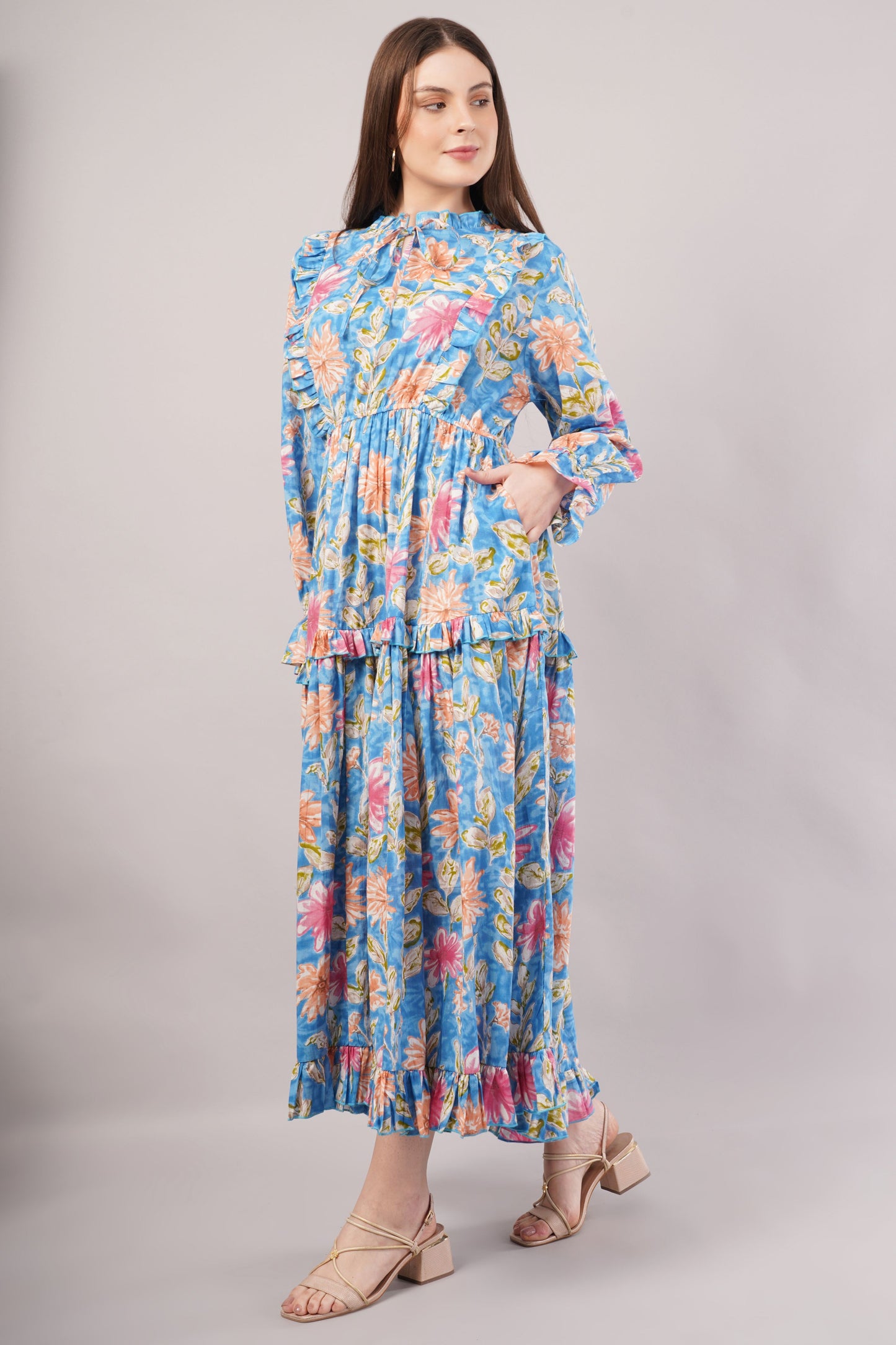 Blue Floral Cotton Dress– Voluminous Elegance with Ruffles & Gathered Waist