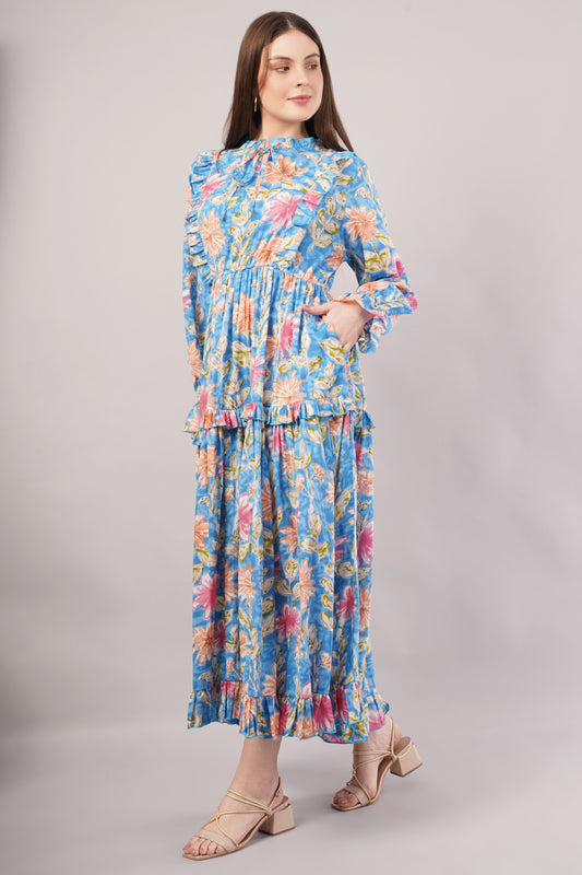 Blue Floral Cotton Kaftan – Voluminous Elegance with Ruffles & Gathered Waist