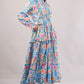 Blue Floral Cotton Dress– Voluminous Elegance with Ruffles & Gathered Waist