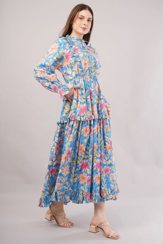 Blue Floral Cotton Dress– Voluminous Elegance with Ruffles & Gathered Waist