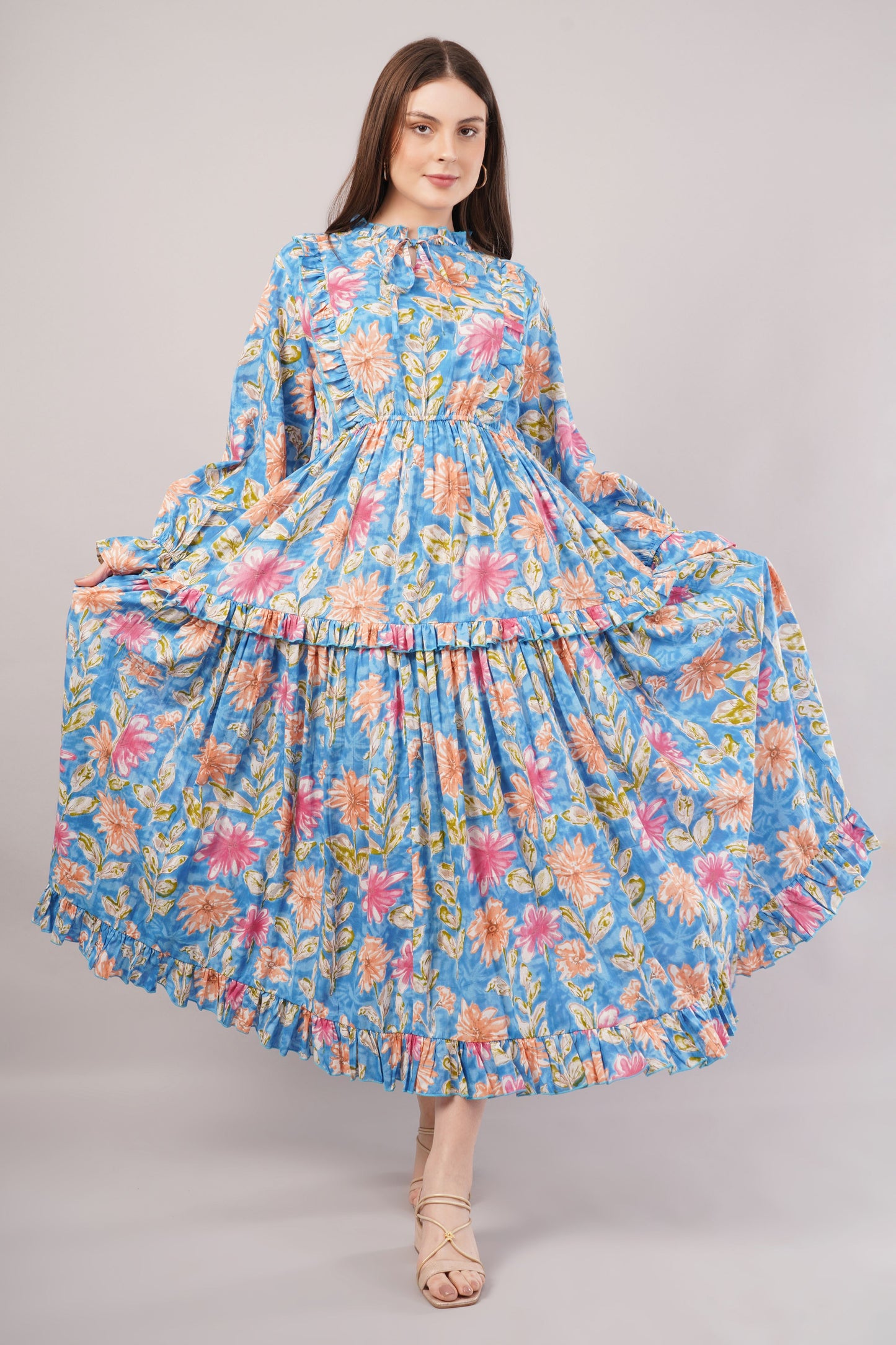 Blue Floral Cotton Dress– Voluminous Elegance with Ruffles & Gathered Waist
