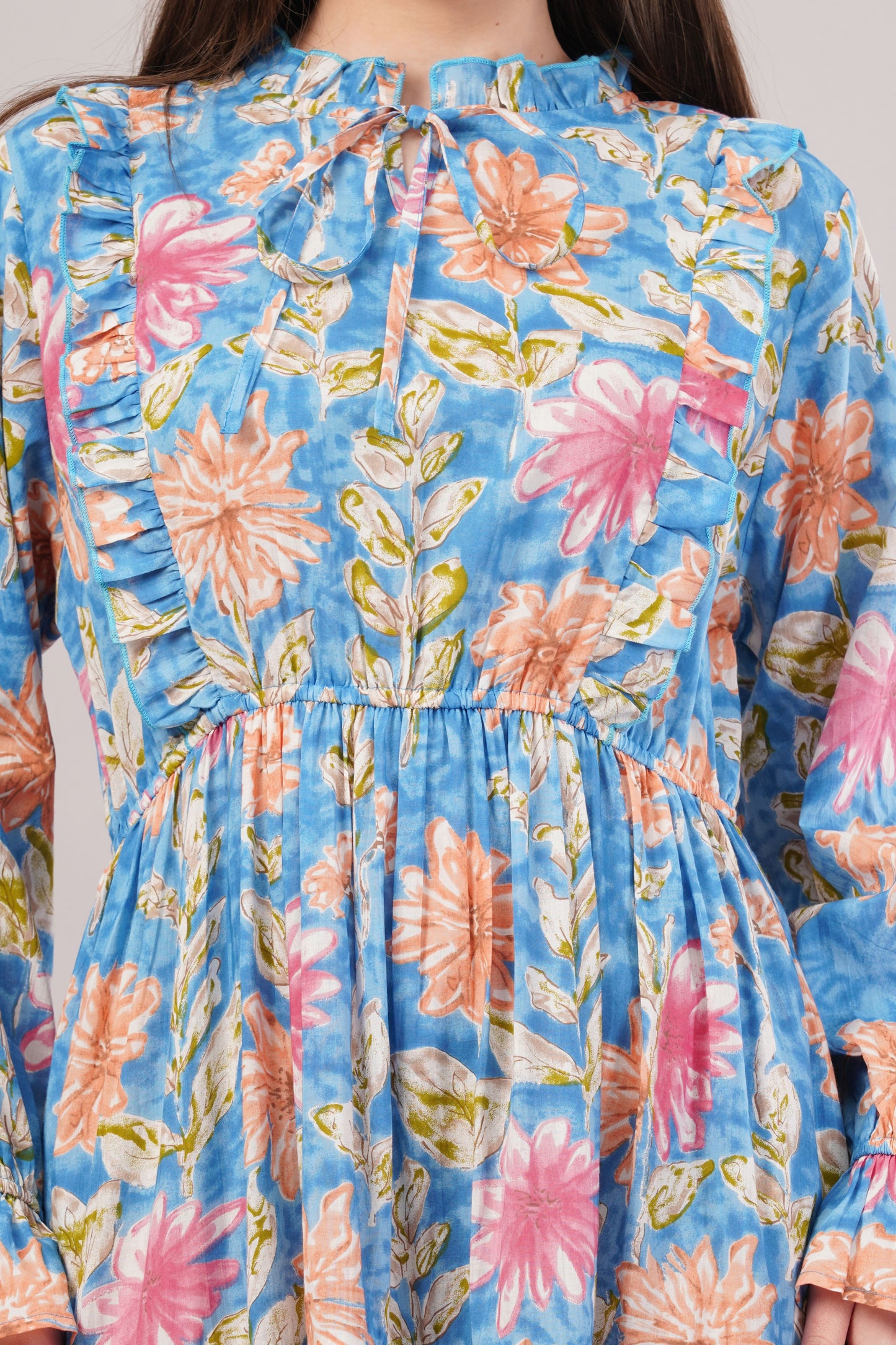 Blue Floral Cotton Dress– Voluminous Elegance with Ruffles & Gathered Waist