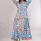 Blue Floral Cotton Dress– Voluminous Elegance with Ruffles & Gathered Waist