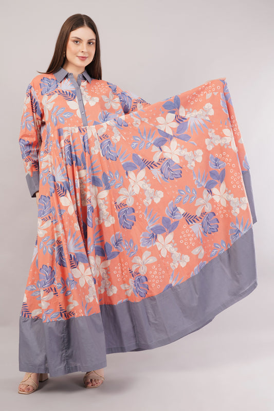 Orange & Purple Floral Cotton Dress – Vibrant Print with Grey Collar & Hem