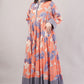 Orange & Purple Floral Cotton Dress – Vibrant Print with Grey Collar & Hem