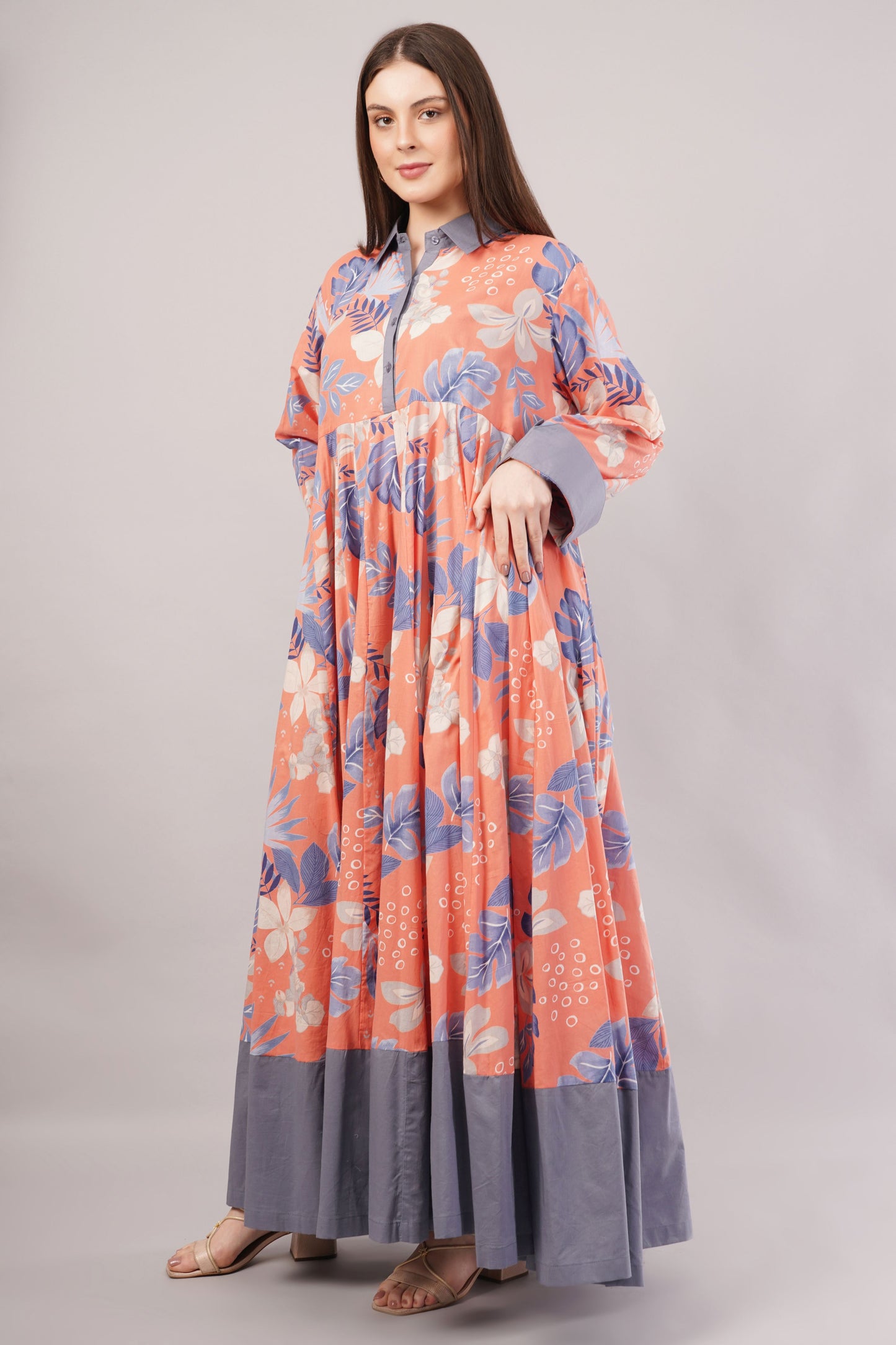Orange & Purple Floral Cotton Dress – Vibrant Print with Grey Collar & Hem