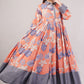 Orange & Purple Floral Cotton Dress – Vibrant Print with Grey Collar & Hem