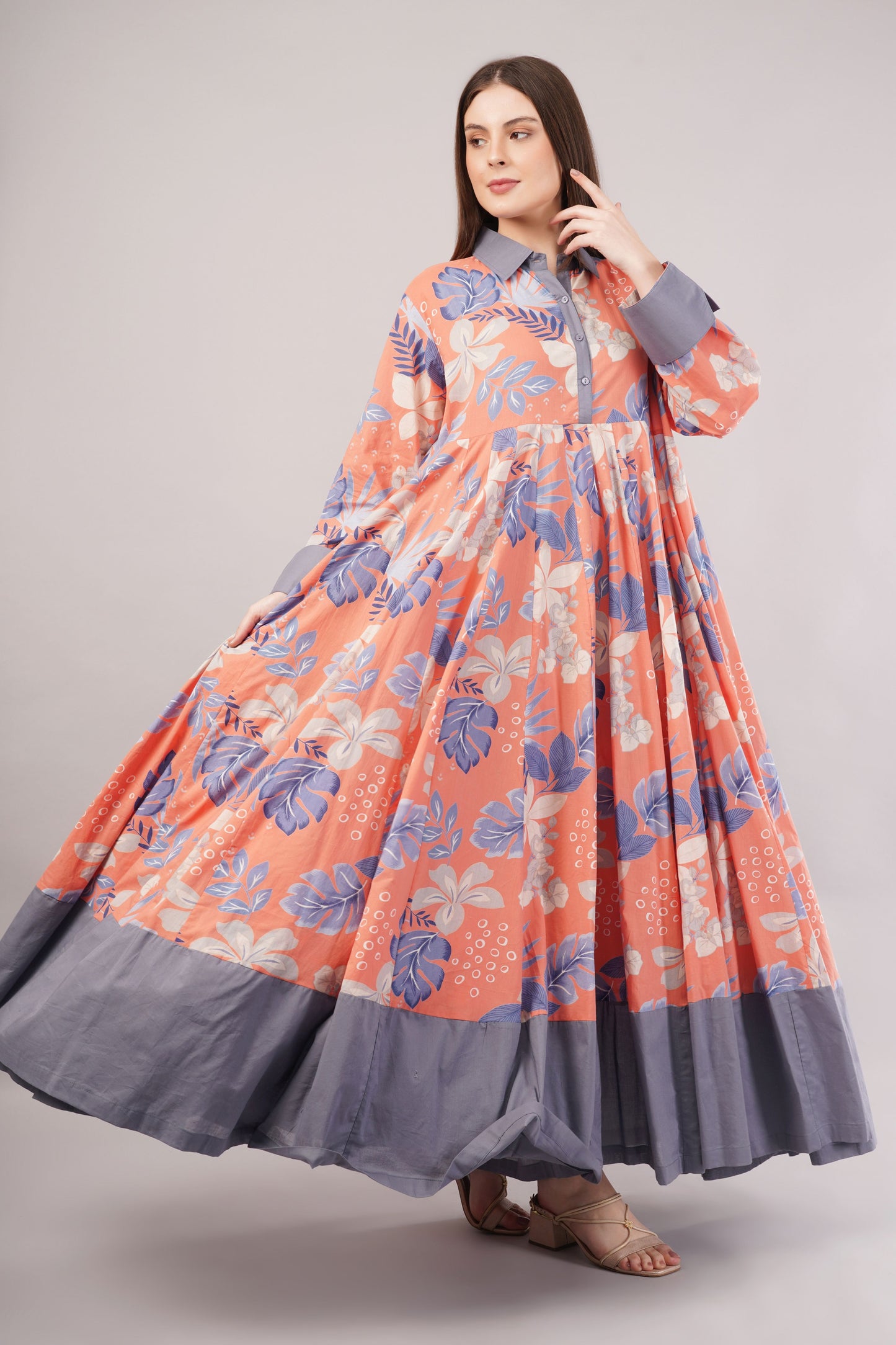 Orange & Purple Floral Cotton Dress – Vibrant Print with Grey Collar & Hem
