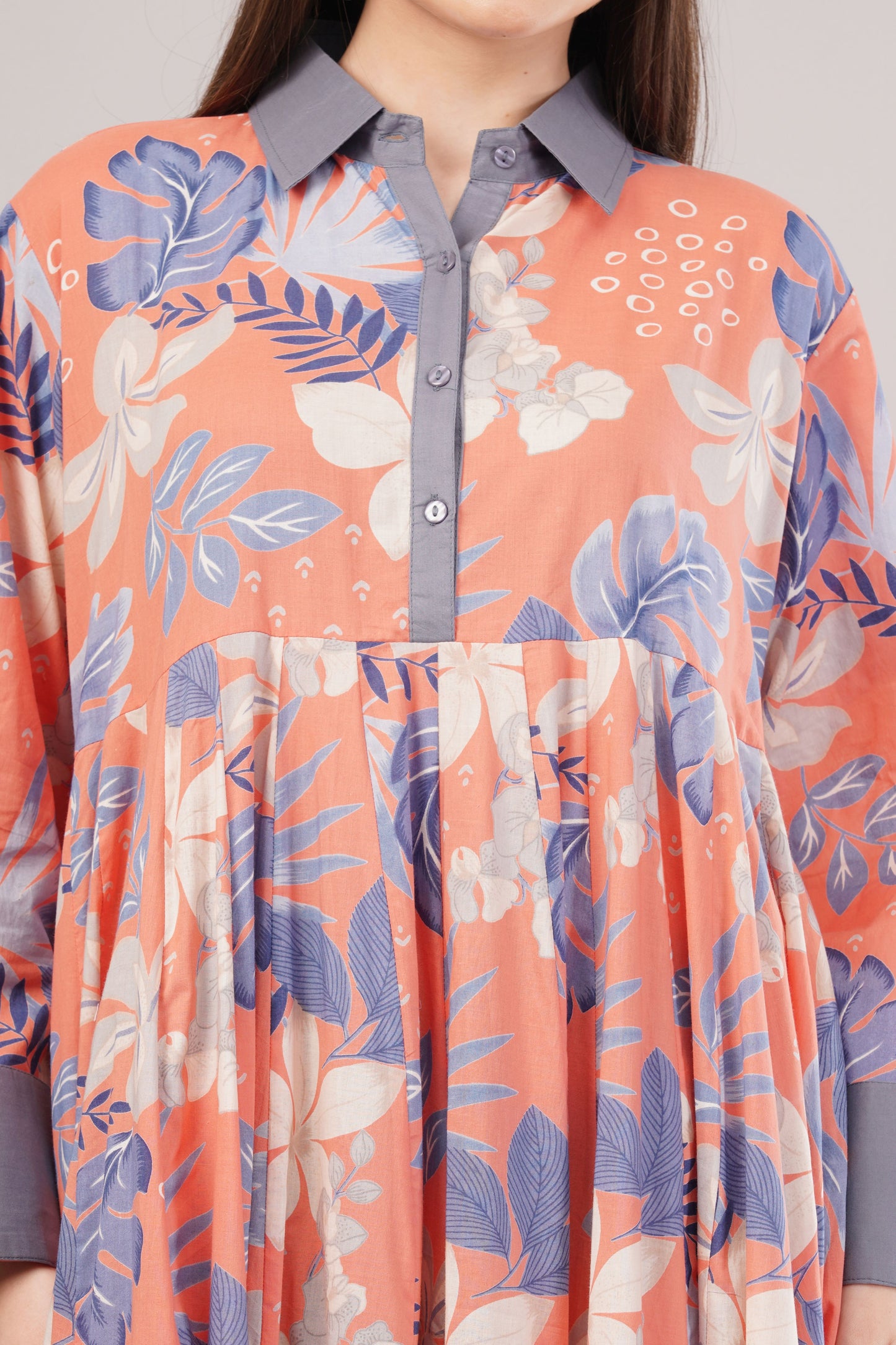 Orange & Purple Floral Cotton Dress – Vibrant Print with Grey Collar & Hem