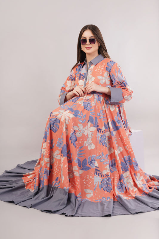 Orange & Purple Floral Cotton Dress – Vibrant Print with Grey Collar & Hem
