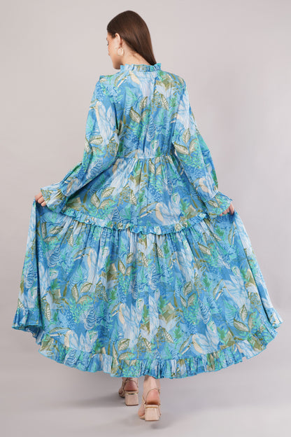 Tropical Blue Cotton Kaftan – Leafy Print with Bow Tie Neck & Tiered Skirt