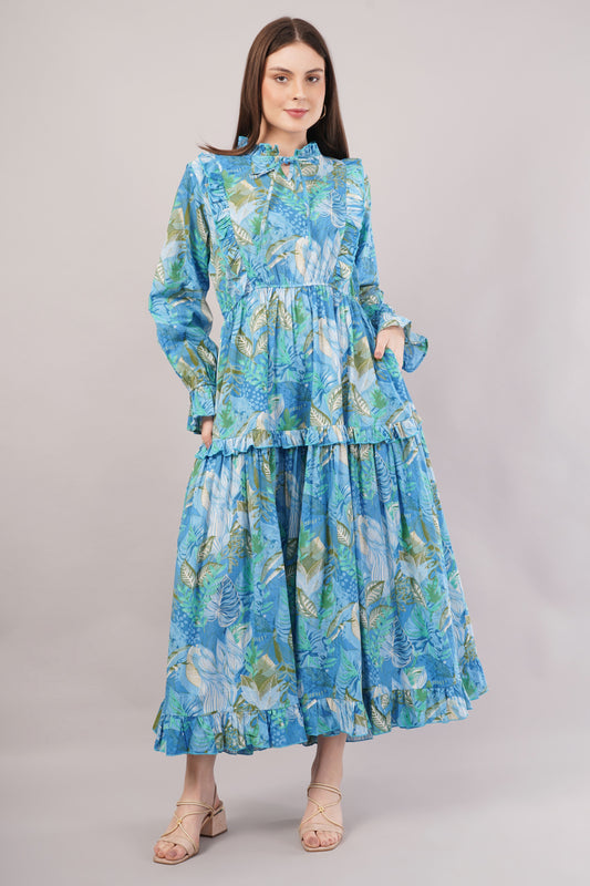 Tropical Blue Cotton Kaftan – Leafy Print with Bow Tie Neck & Tiered Skirt
