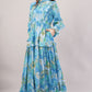 Tropical Blue Cotton Dress– Leafy Print with Bow Tie Neck & Tiered