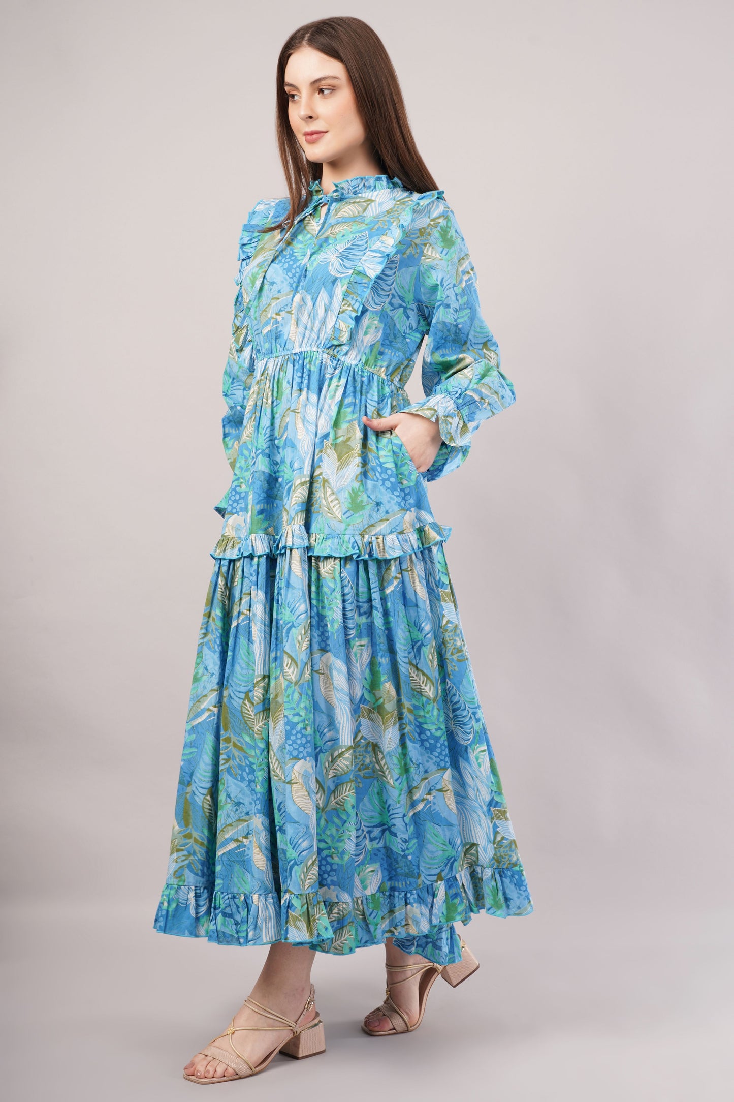 Tropical Blue Cotton Kaftan – Leafy Print with Bow Tie Neck & Tiered Skirt