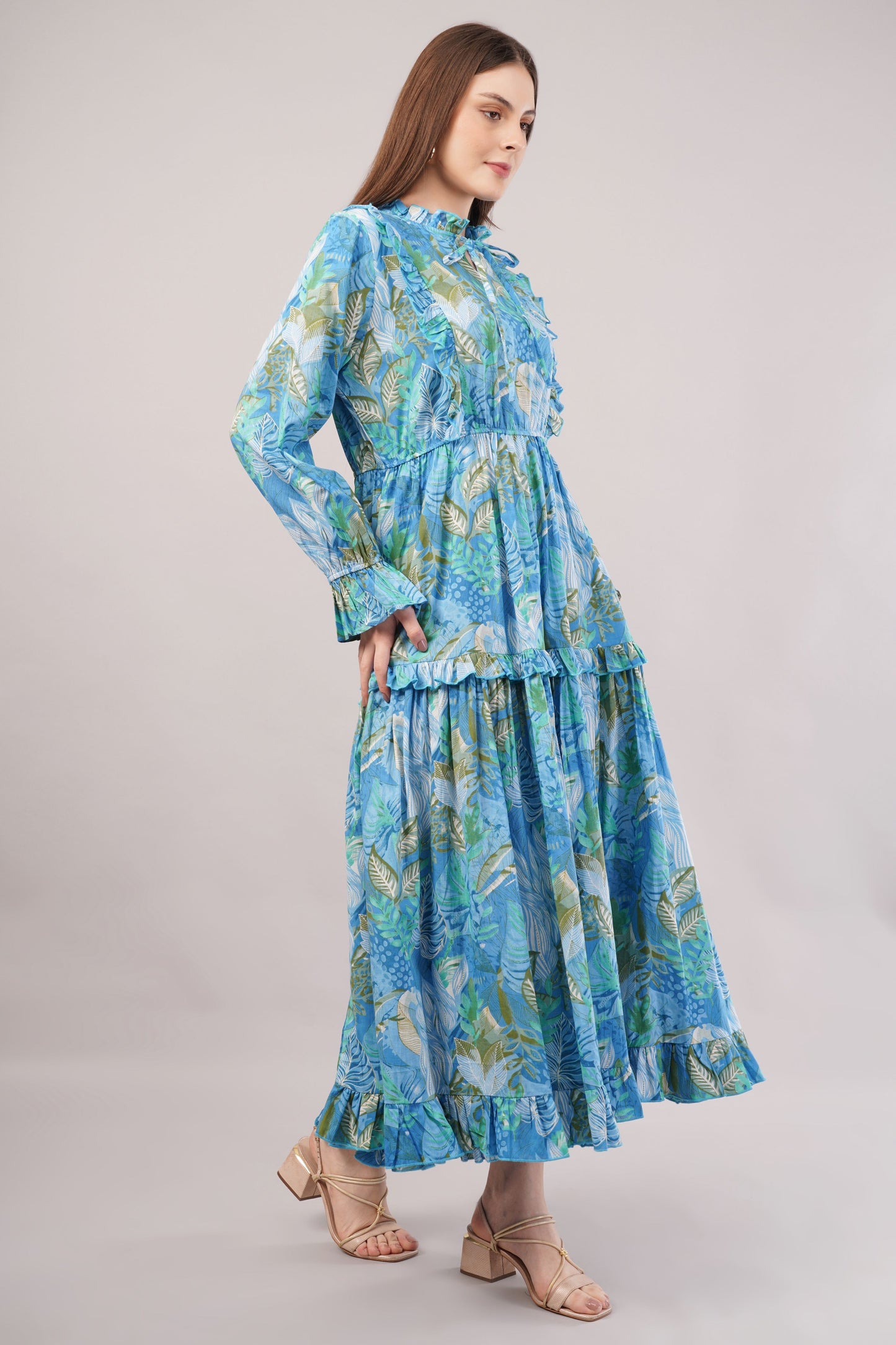 Tropical Blue Cotton Kaftan – Leafy Print with Bow Tie Neck & Tiered Skirt