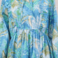 Tropical Blue Cotton Dress– Leafy Print with Bow Tie Neck & Tiered