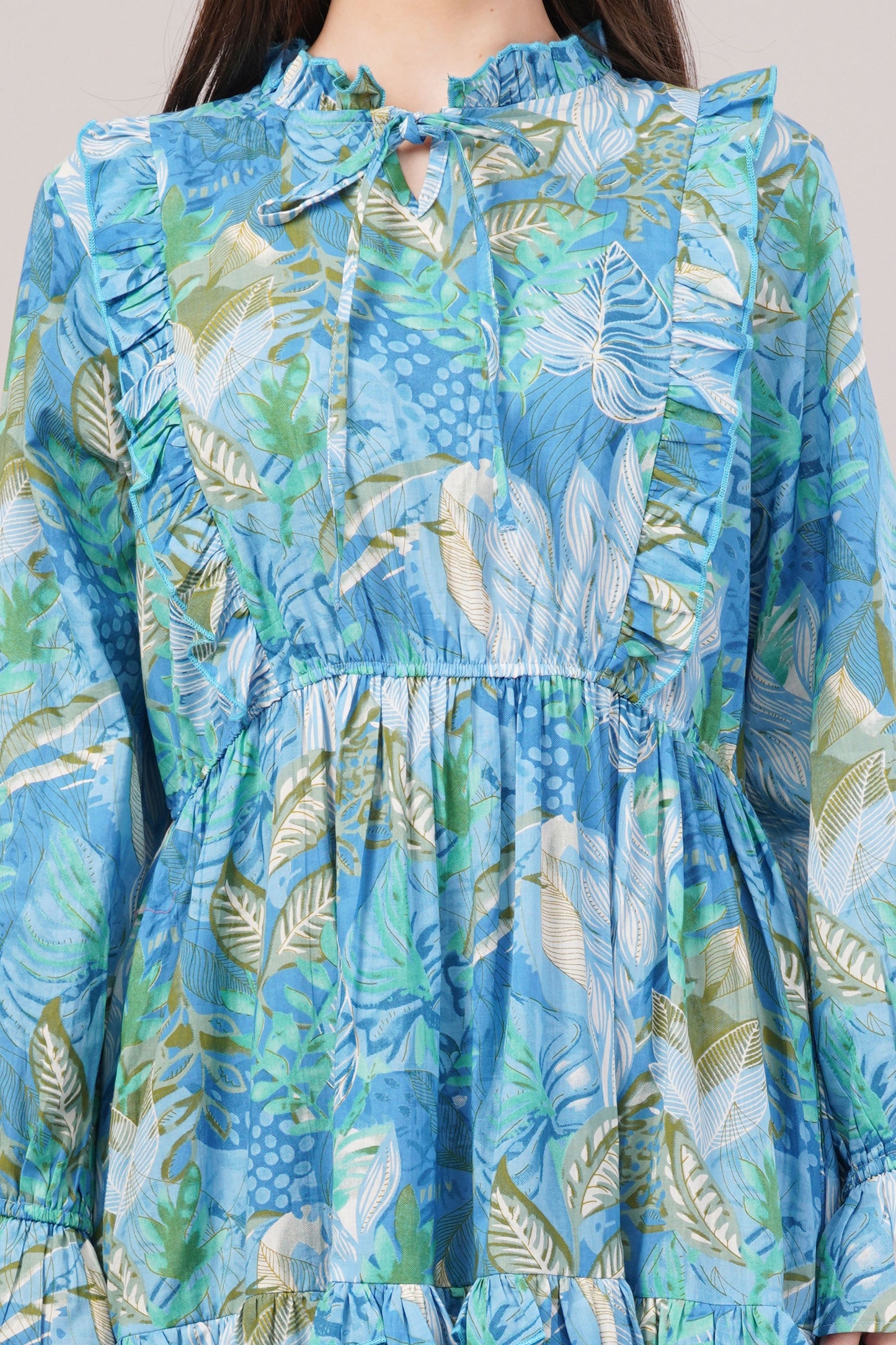 Tropical Blue Cotton Kaftan – Leafy Print with Bow Tie Neck & Tiered Skirt